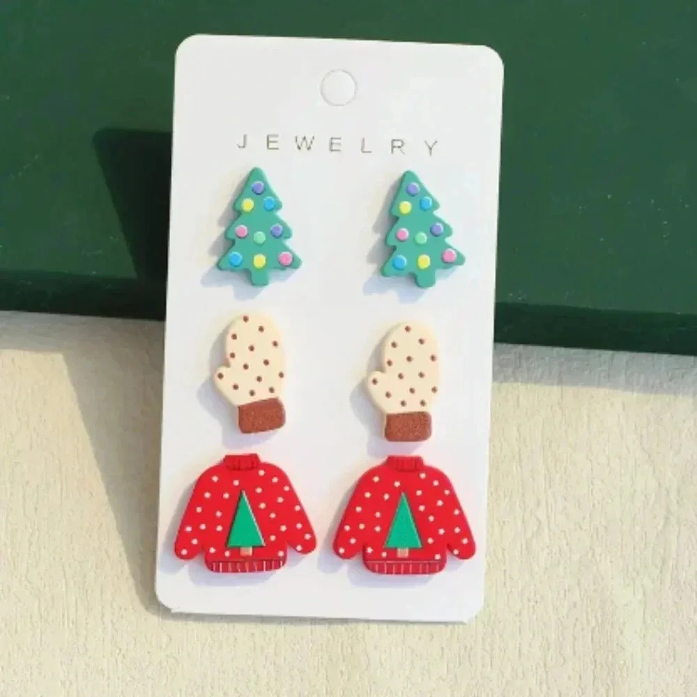 Trio of Holiday Christmas Stud Earrings - Resin - NEW